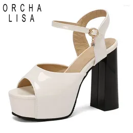 Sandals ORCHA LISA Elegant Open Toe Women 12cm Thick Block Heel 4cm Platform Ankle Buckles Big Size 48 49 50 Black White Gold