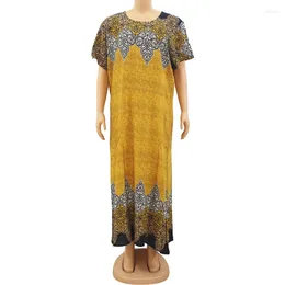 Party Dresses Traditional Printed Vintage Yellow Print O-Neck Short Sleeve Summer African Women With Scarf