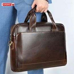 Briefcases Genuine Leather Men's Handbags Top Layer Cowhide Briefcase 14-15.6 Inch Laptop Bag Business Travel Shoulder Messenger Bags 2024