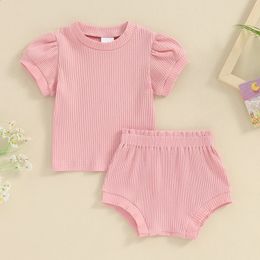 Summer Solid Color Kids Baby Girls Outfits Soft Casual Ribbed Short sleeved T-shirt Elastic Shorts 2PCS Set Cute Childrens Clothing 240429