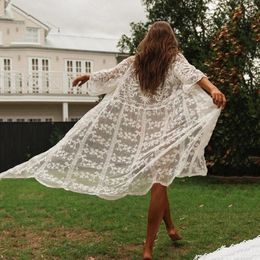 TEELYNN white lace Cardigan long blouse women bikini cover up vintage sexy boho beach See through summer vestido smock robe 240423