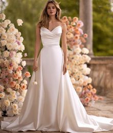 Long V-Neck Satin Wedding Dresses With Detachable Train Mermaid 2 and 1 Style Vestido de novia Lace Up Back Bridal Gowns for Women