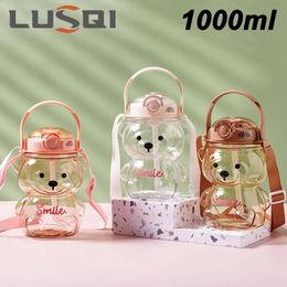 LUSQI 1L Cute Bear Water Cup With Straw Outdoor Bottles Large Capacity Plastic Mug For Summer Drinkware A Free 240422