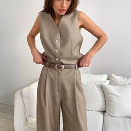 Women's Two Piece Pants 2024 Spring Summer Set Casual Two-piece Suit V-neck Waistcoat Short Vests Tops Loose Lady Straight Trousers 2-piece