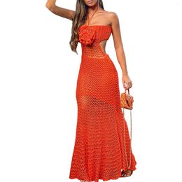 Flower Halter Crochet Knit Long Dress Women's Sleeveless Hollowed Cutout Strapless Beach Dresses Bikini Cover-ups