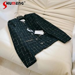 Women's Jackets Early Spring 2024 French Tweed Jacket Socialite Air Drill Chain Pocket Elegance Retro Black Gold Long Sleeved Coat Women