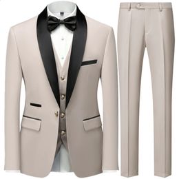 Fashion Men Casual Boutique Business Slim Wedding Host Formal Suit 3 Pcs Set Gold Button Jacket Dress Coat Pants Vest 240430