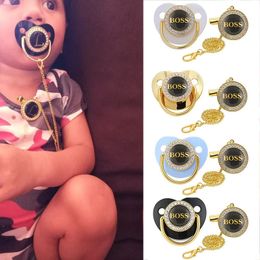 Boss Letter Print Baby Pacifier with Chain Clip born BPA Free Luxury Bling Silicone Dummy Soother Chupeta 018Months 240418