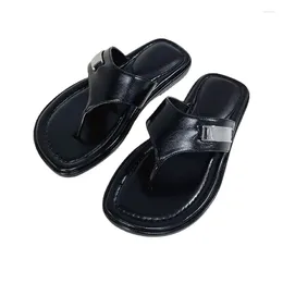 Slippers Genuine Leather Clip Toe Flat 2024 Summer Metal Decoration Fairy Shoes Fashion Sexy Literature And Art Flip Flops