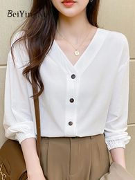 Women's Blouses Beiyingni Women V-neck Shirt Solid Colour Buttons Luxury French Office Ladies Elegant Blusas White Black Casual Loose Tops