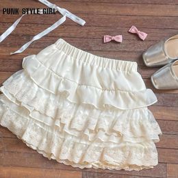 Skirts 2024 Soft Girl Japanese Cake Mini Skirt Cutecore Harajuku Solid Ball Gown Cute Y2K Ruffle Princess Lace Kawaii A Line