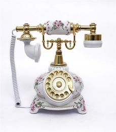 Ceramic Antique Telephone with Vintage Style and White Emboss Rose Desk Phone for Living Room Decor1568925