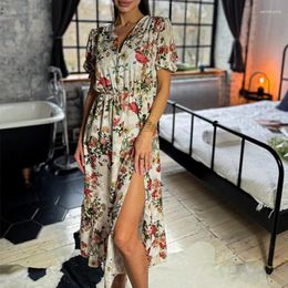 Casual Dresses Elegant Ladies Floral Prints Summer Short Sleeve Boho Beach Vacation Dress For Women's V-neck Split Maxi Vestidos