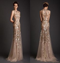 Krikor Jabotian Evening Dresses Classic Gold Mermaid Shape Tulle Sheer See Through Appliques Prom Dress Emboridery Long Formal Dub7533890