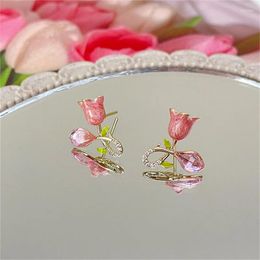 Stud Earrings Tulip Imitation Pearl French Light Luxury For Women Rose Color Exquisite Jewelry Gift Wholesale