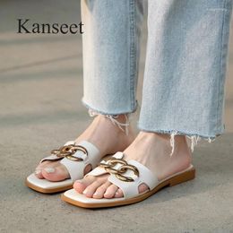 Slippers Kanseet Summer 2024 Women's Metal Decoration Real Leather Female Shoes Comfort Basic Low Heels Woman