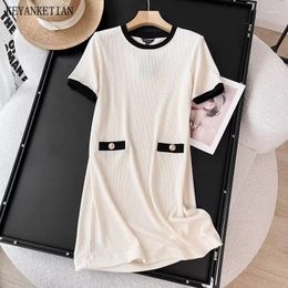 Casual Dresses KEYANKETIAN 2024 Launch Women's Waffle Texture Knit Dress Elegant Pockets O-Neck Short Sleeve Loose Straight Mini