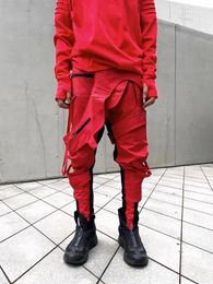Men's Pants Asymmetric Wax Surface Hollowed Joggers Cargo Streetwear Hip Hop Cotton Red Casual Trousers Men