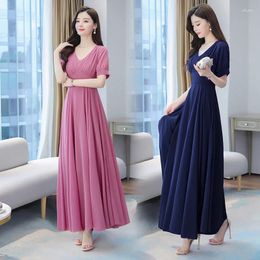 Party Dresses Women V-neck Pleated Front Chiffon Long Maxi Summer Dress Korean Elegant Ladies Navy Red Green Beach Big Swing Boho