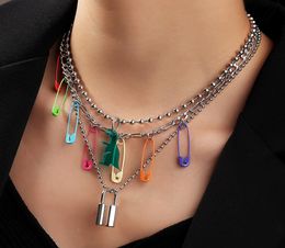 New Fashion Personality Colorflu Pin Necklace Clavicle Chain Multilayer Women Round Bead Lock Pendant Necklace 1052545