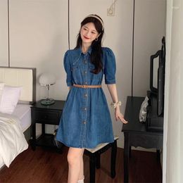 Party Dresses Summer Turn-down Collar Women Denim Dress With Belt Single-breasted Solid Color Temperament Loose A-Line Korean Style Frocks