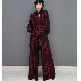 Women's Two Piece Pants 2024 Spring Autumn Polo Collar Top Elastic Waist Printing Woolen Cloth Wide Leg Pant Sets Black Red Women LX450S