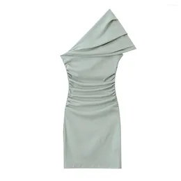 Casual Dresses TRAFZA 2024 Women Spring Sexy Solid Dress Bare Shoulders Folds Mini Asymmetrical Sleeveless Sheath Elegant