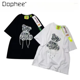 Women's T Shirts Trendy Bear Patch Loose Short-Sleeved T-shirt 2024 Spring And Summer Retro Embroidered Mid-Length Round Neck Casual Top