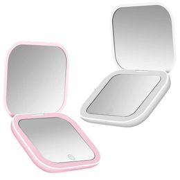 Mini Handheld Pocket Mirror Portable with LED Lights, 2X Magnifying