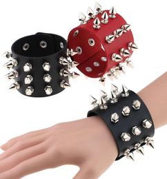 Punk non mainstream exaggerated tapered rivet three row leather Bracelet ring8329932