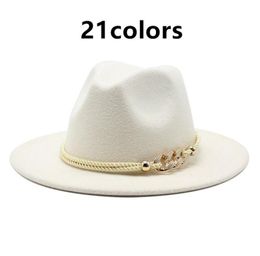 fedora hats women matel Rope chain band belt luxury Jazz Cap Wide Brim solid church elegant black white felted bucket cap hat wome4939142