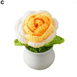 Decorative Flowers Decoration Plants Handwoven Simulation Pot Knitting Rose Flower Bonsai Mini Cute Style Diy Crochet Knitted Potted For