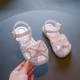 Sandals Girls Summer New Beige Flower Bowknot Pearls Little Girl Shoes Soft Bottom Non-slip Kid Roman H240504