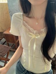 Women's T Shirts Patchwork Bow Lace Square Collar 2024 Summer Y2k Aesthetic Sweet Kawaii T-shirt Women Fairy Fashion Slim Crop Top