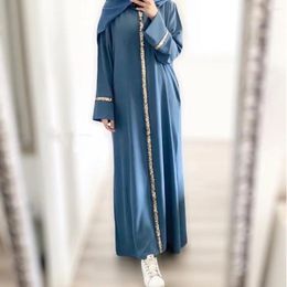 Ethnic Clothing Middle East Moroccan Muslim Luxury Fashion Women's Robe Spliced Edge Sequin Dress Solid Color Chiffon