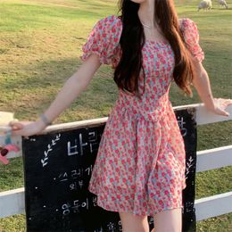 Summer Bohemian Dres Puff Short Sleeve Mini Sweet Dress Y2k Kawaii Ruffle Floral Print Vestido Feminino 240418