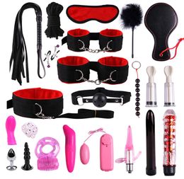 23 Pcs Sex Toys For Woman Adult Games Handcuffs Whip Mouth Gag Rope Metal Butt Plug Bdsm Bondage Set Bead Anal Plug Vibrator SH1902548390