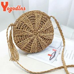 Shoulder Bags Women Straw Bohemian Rattan Female Beach Handbag Circle Lady Woven Crossbody Bag Handmade Round Kintted Bolso