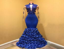 Royal Blue Flowers Mermaid Prom Dresses High Neck Long Sleeves Appliques Satin Floor Length Sexy Evening Dresses4227774