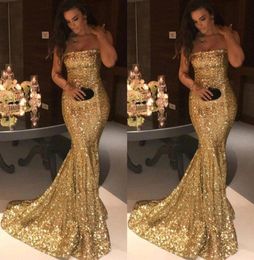2018 Sparkly Sexy Mermaid Evening Dresses Strapless Backless Gold Prom Gowns Cheap Long Party Formal Dresses5416469