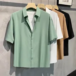 Men's Casual Shirts 2024 Summer Korean Ice Silk Short Sleeved Shirt Men Solid Lapel Patchwork Button Cool Breakable Simple Fashion Versatile