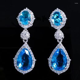 Dangle Earrings ThreeGraces Elegant Light Blue Cubic Zirconia Silver Color Long Water Drop For Women Fashion Party Jewelry E1789