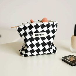 Cosmetic Organizer Womens Makeup Bag Small Black and White Checkered Portable Lipstick Headphones Storage Bag Commuter Coin Purse Card Holder Ins Y240503