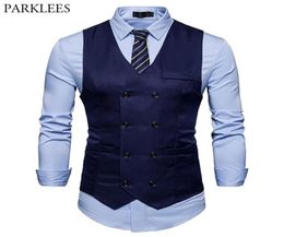 Brand Mens Double Breasted Suit Vest Fashion Slim Fit Sleeveless Waistcoat Men Business Wedding Vests Gilet Costume Homme 2011236774344