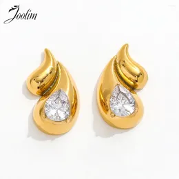 Hoop Earrings Joolim Jewellery High Quality PVD Wholesale No Fade Fashion Chunky Double Teardrop Zirconia Stainless Steel Earring For Women