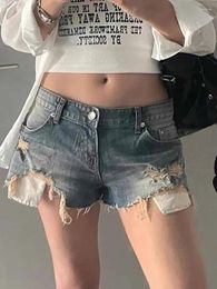 Women's Jeans Denim Shorts Gyaru Ripped Slim Korean Style Women Clothing Fashion Blue Vintage Low Waist Summer Clothes 2024