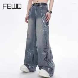 Men's Jeans FEWQ American Style Summer Niche Design High Street Vintage Straight-leg Pants Splash-ink Graffiti 24Y120