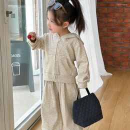 Clothing Sets Children Girls Hooded Sports Set 2024 Spring Fashion Striped Coat Pants Casual Simple Loose Two-piece