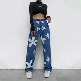 Women's Jeans Printed Straight Leg For Women Fashion Loose High Waist Ladies Denim Pants Casual Female Streetwear Full Length Trousers