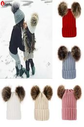 Children Baby Knitted Hats Winter Knitted Solid Crochet Hat Warm Soft Pom Pom Beanies Double Hairball Hats Outdoor Slouchy Caps Wf6477551